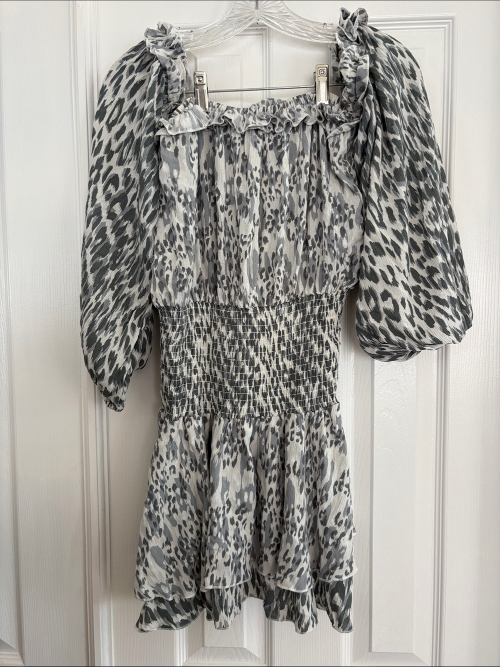 Surf Gypsy Smocked Off-Shoulder Puff Dolman sleeve Leopard Print Mini Dress
